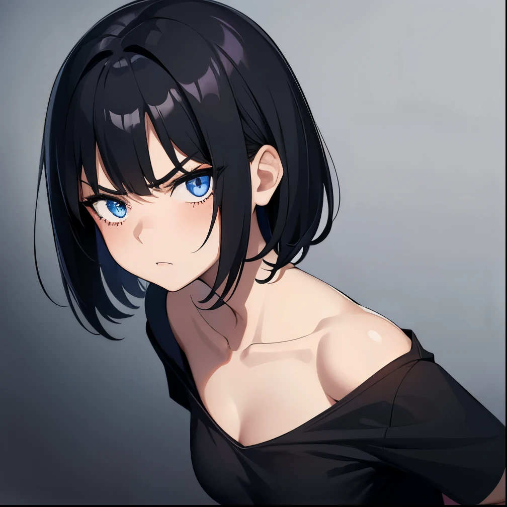 [(Beautiful young girl) (short black hair) (blue eyes) (flat chest) (small breasts)]  ([high Definition] [correct anatomy]):  (very close face) (angry) (red cheeks) (bedroom background) (wearing a white T-shirt)