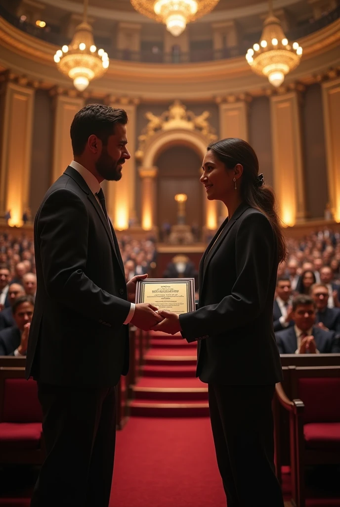 An image of a formal ceremony in a hall or auditorium that symbolizes the Culture of Recognition in public and private institutions. That shows how the work of collaborators is decorated and appreciated for years of service,  outstanding merits and professional achievements. Let the image show the presentation of a recognition and the applause of colleagues in the auditorium. That image is fine but change the one who gives the recognition, put the two of them in a thermos