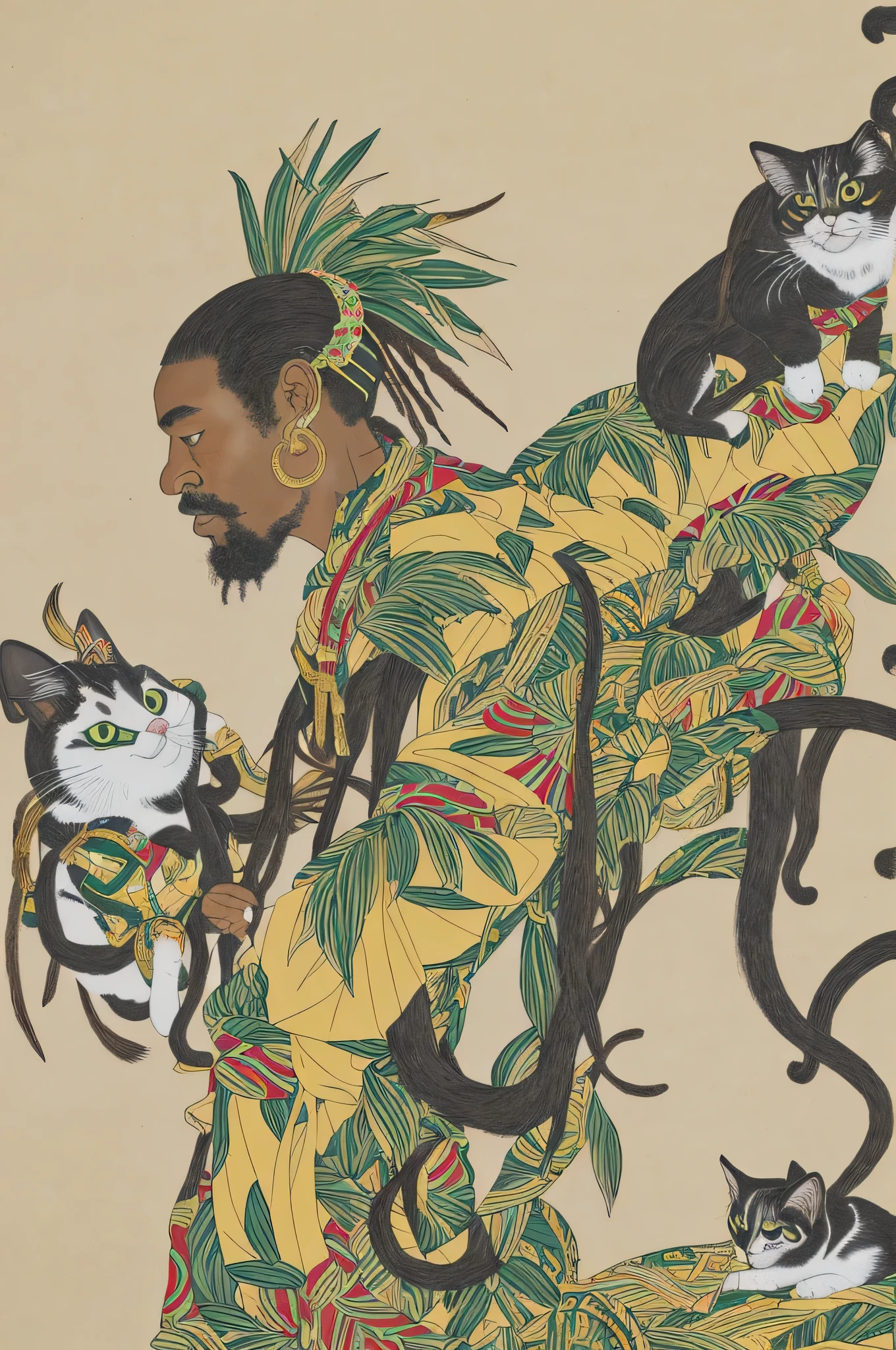 Jamaican man playing reggae、Cat on shoulder、Masterpiece、Gold folding screen background、Japanese painting、High definition、znchn style、Highest quality、超High definition、8k