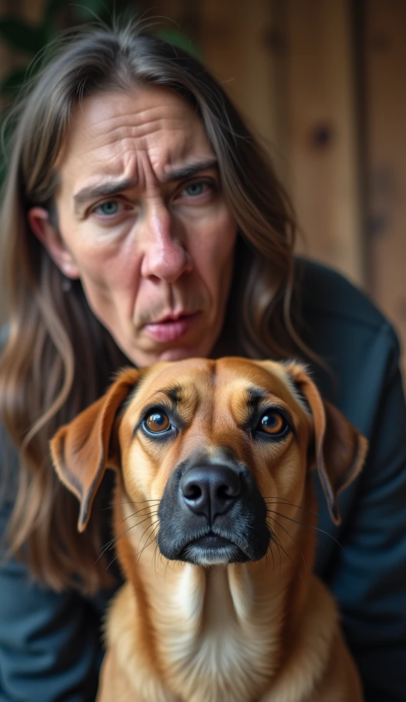 A person making an exaggerated ugly face at a dog, with the dog looking offended or serious.