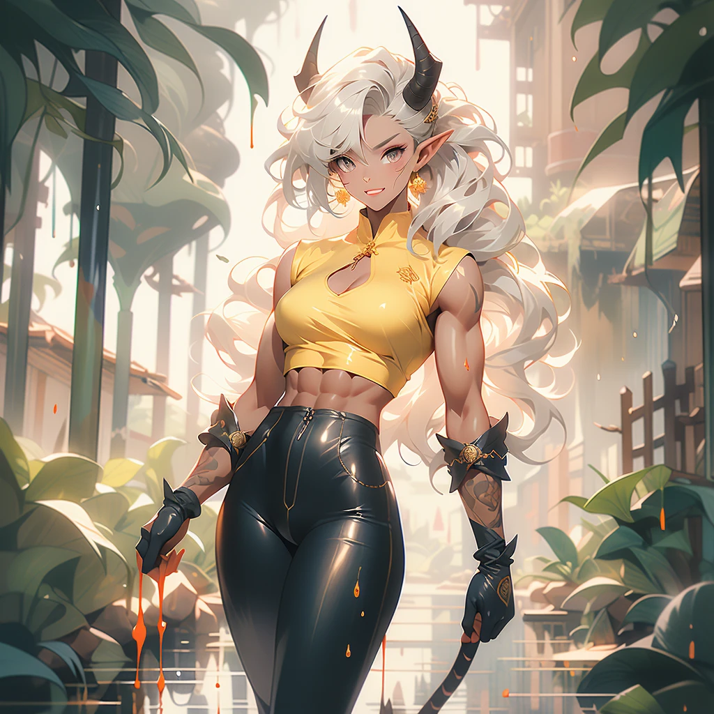 ((best quality)), ((masterpiece)), (detailed), 1 a draconian-woman with a long blue tail and golden horns, 8k_wallpaper, extremely detailed eyes, (large masterpiece digital art), (intricate details:1.3 ), (ultra-detailed:1.3), (sharp focus:1.3), (natural lighting:1.05), (vivid colors:1.3), (best quality:1.4), high quality, expressive eyes, full body, detailed face, beautiful face, perfect face, ((hair sandy white curls)), (gold eyes), {{dark skin}}, ({dark skinned female}), big breasts, (huge chest), outlines of nipples under clothing, strong powerfully visible muscles of the abdomen and thighs and legs, strong muscles of the arms, bold and decisive playful look of golden eyes, a predatory and vulgar smile with many fangs, she is wearing an open dark blue kimino with patterns of golden maple leaves, a white translucent crop-top, leather mini-shorts, lowered leather wide red belts on the waist with large yarn, a backpack with a two-handed katana, she walks along a path against the backdrop of a dense forest and the ruins of an old castle, sunny clear day, fantasy style character concept art,