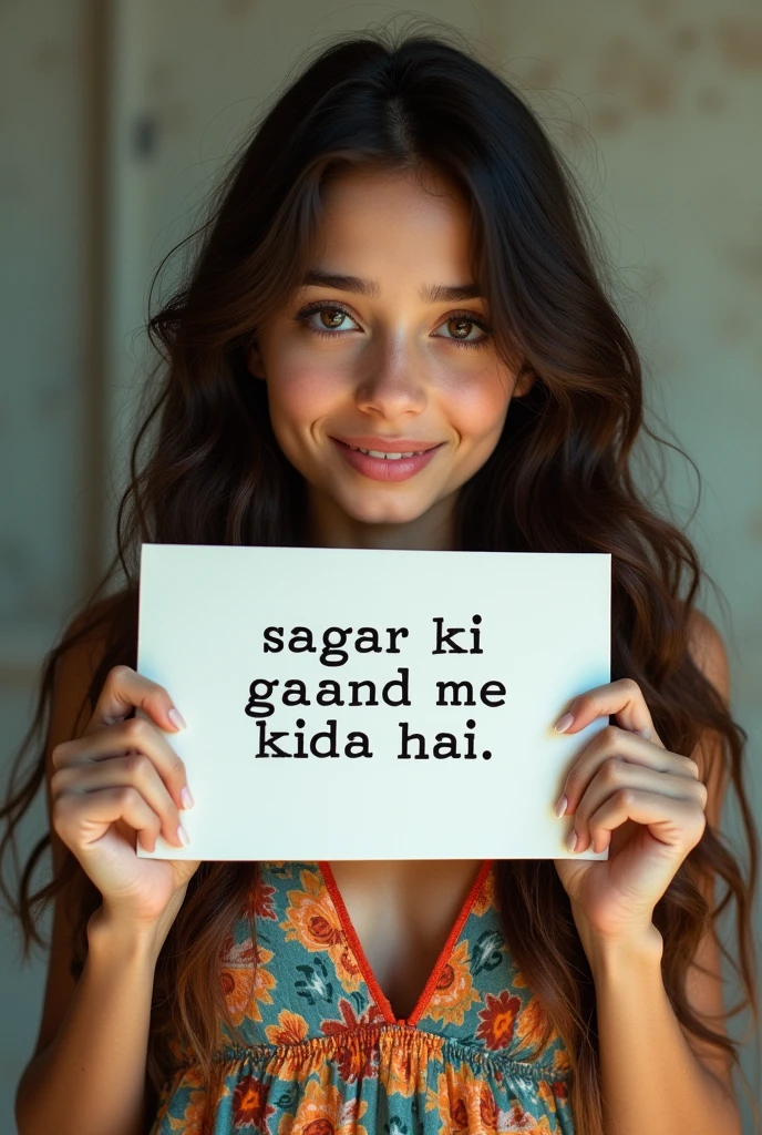 Beautiful girl with wavy long hair, bohemian dress, holding a white board with text "sagar ki gaand me kida hai " and showing it to the viewer