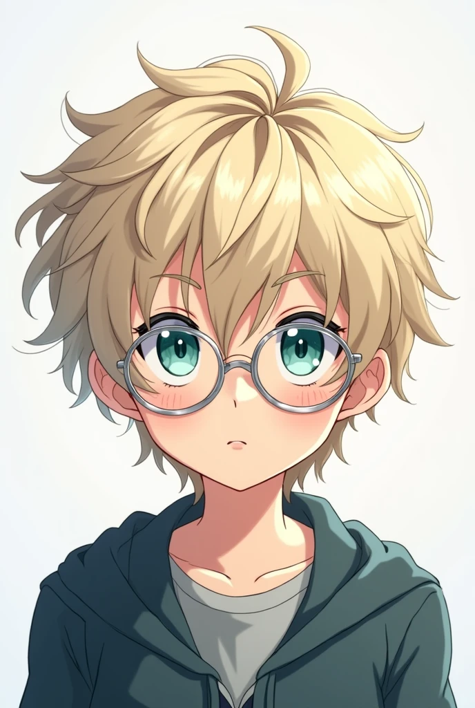 Anime boy, 10 years old, short and wavy platinum blond hair, bright blue and light green eyes, silver glasses
