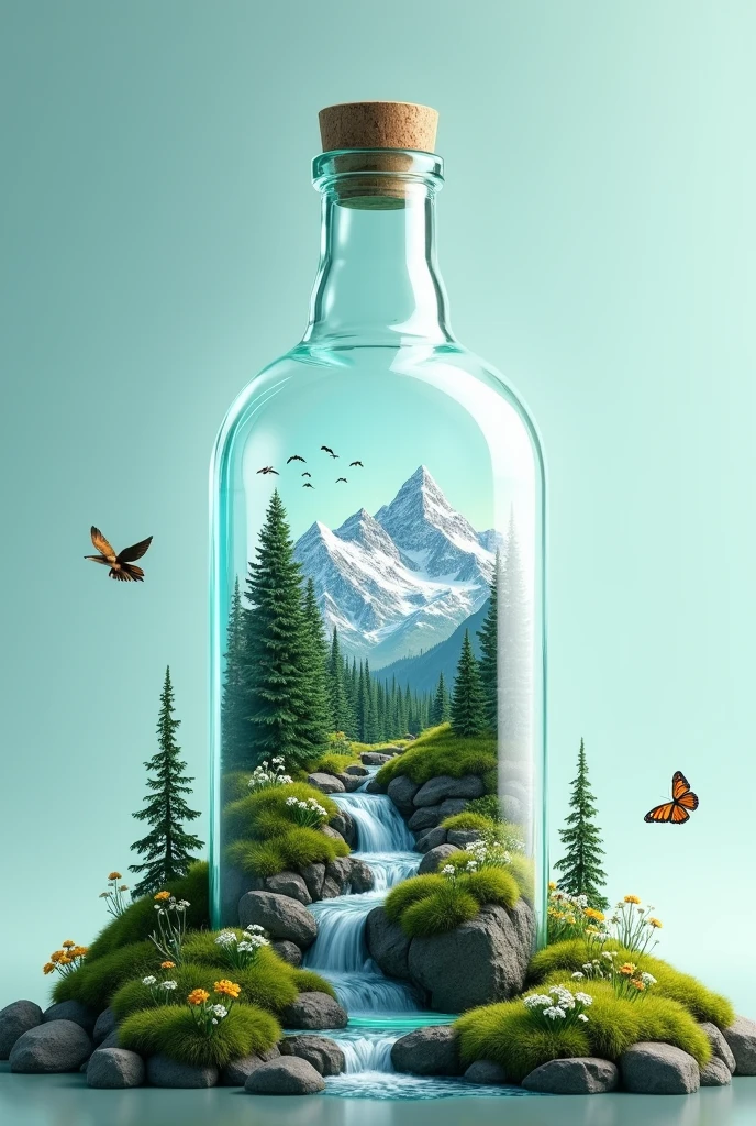 ultra detailed digital art of a glass bottle silhouette containing a miniature mountain landscape, photorealistic style, bottle occupies 80% of image height, inside: snowy mountain peaks (#FFFAFA), evergreen forest (#228B22), cascading waterfall and stream (#4682B4), outside: grassy mound with moss and small white and yellow flowers, flock of birds flying in the sky, one butterfly near flowers, transparent glass effect, soft backlight creating glow around bottle edges, background gradient from light blue (#E6F3FF) top to light green (#E6FFE6) bottom, sharp focus throughout, high contrast, vivid colors, 4K resolution, style of surreal nature photography mixed with digital painting techniques