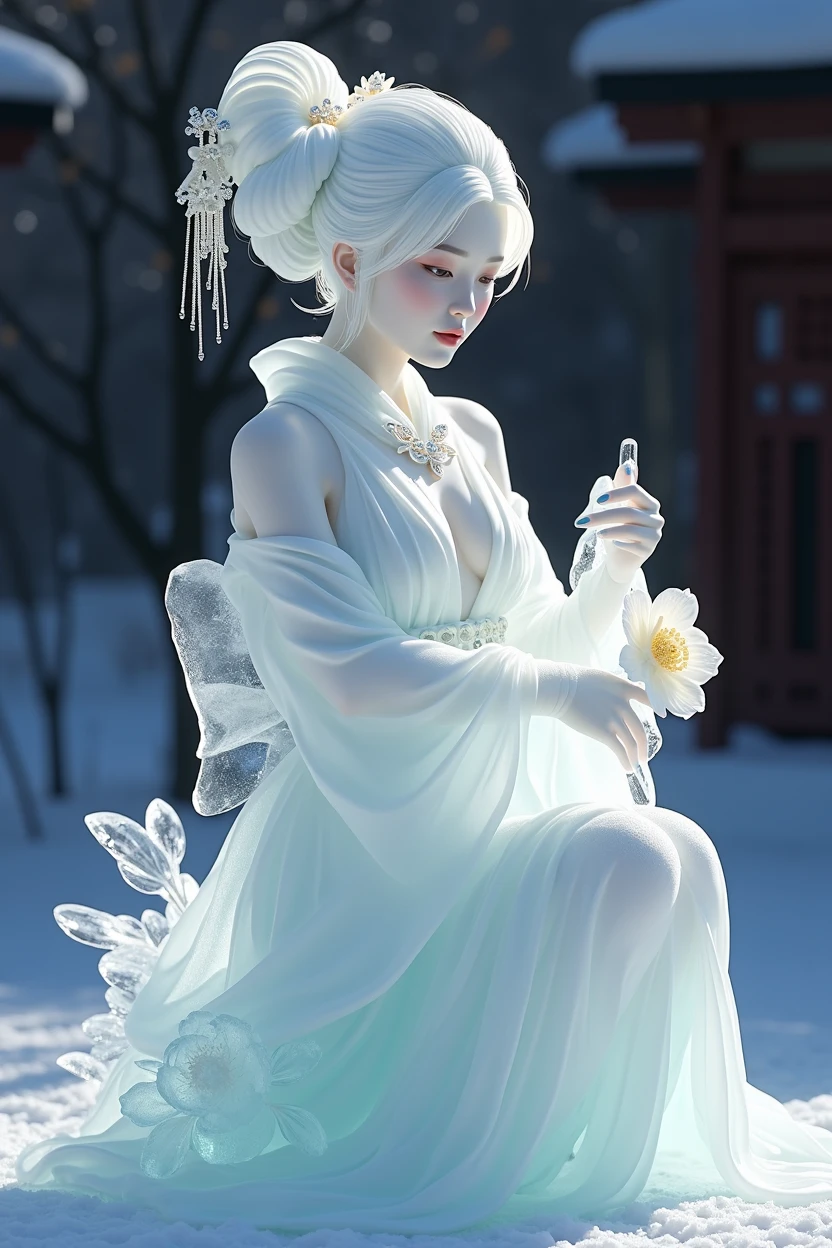 (ice - carving:1.4),Movie Angle,(Fan Bingbing, ice sculpture girl,Anatomically correct,full bodyesbian,Masterpiece ice sculpture camellia,Representative work Hanfu,Smile,sexy,full body arts,traditional arts,erotic arts,Queen arts,Amazing body arts,Amazing hear style,traditional japanese girls,japanese geisha, japanese artworks,Pari, jewelry arts,full body arts style,full body capture)