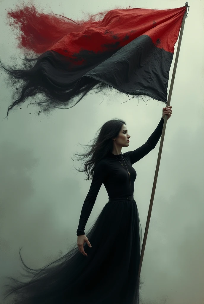 A woman in black waving a psychopath flag 