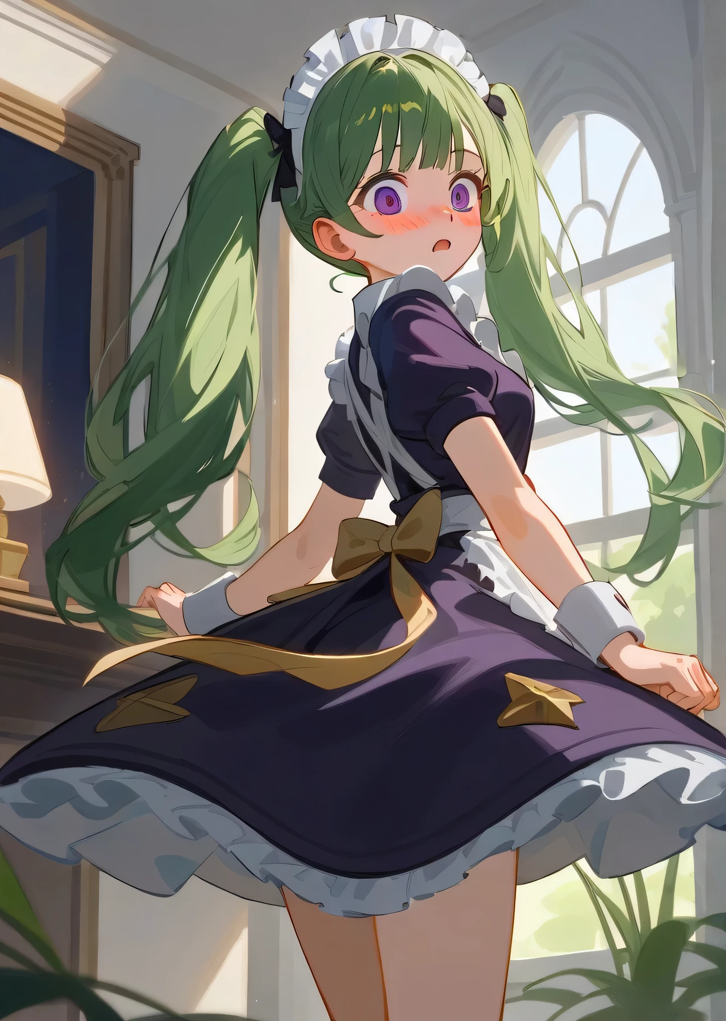 [corin wickes], ((masterpiece)), ((solo portrait)), ((waist up)), ((low angle view)), ((HD)), ((High res)), ((anime)), ((detailed shading)), ((cinematic lighting)), {(attractive figure), (cute purple eyes), (short eyelashes), (long green hair), (large pigtails), (defined legs), (blushing), (surprised), (nervous expression)}, {(black short sleeve maid dress), (maid hairband), (white apron)}, {(looking at viewer)}, [ambient lighting, living room, mansion, lamp light]