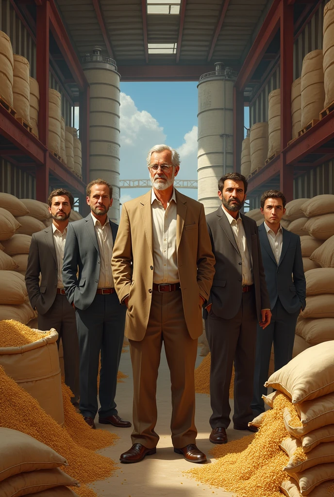  An old businessman  who trade in grain industry with their sons as a family business grain like wheet, rice  and maize and sale to their customer