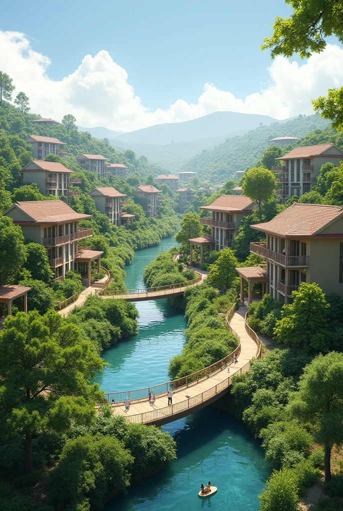 Healthy community with top view, a park, have a inclined river,a bridge, and houses
