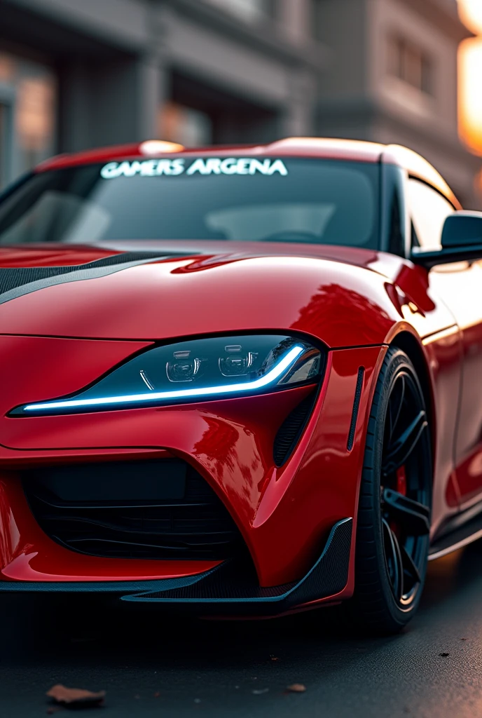 Toyata supra , red and black color , mention as Gamers Arsenal in the windscreen , headlights on