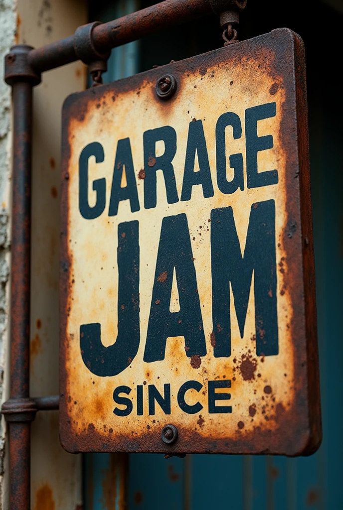 Garage sign vintage. with the title "garage jam". It may have other characteristics more related to blues or rock culture., SOM "since" with the year erased with faded and rusty paint. Old and rusty aesthetics, more grunge. Para servir SOM um arte de símbolo.