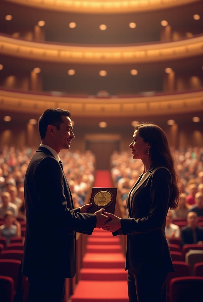 An image of a formal ceremony in a hall or auditorium that symbolizes the Culture of Recognition in public and private institutions. That shows how the work of collaborators is decorated and appreciated for years of service, outstanding merits and professional achievements. Let the image show the presentation of a recognition and the applause of colleagues in the auditorium. That image is fine but change the one who gives the recognition, put the two of them in a thermos. It's better but change the trophy for a commemorative plaque and make the people have Latin features and make the auditorium look more spacious and applauding.
