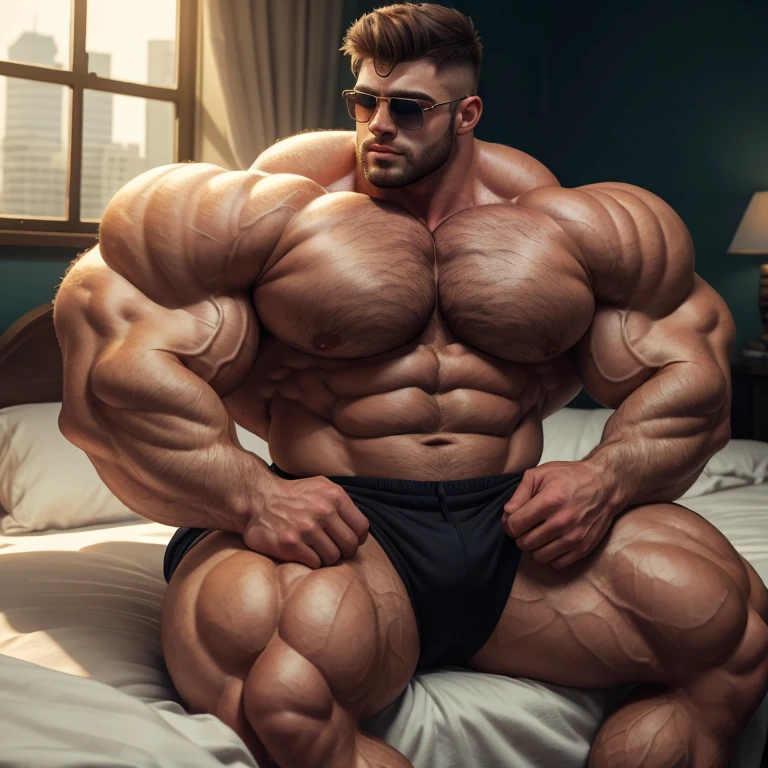 high quality, 4k, ultra realistic, best quality, best lighting, epic lighting, natural lighting, masterpiece, 8k, a very handsome young man, bodybuilder, exaggeratedly huge, very hairy body, sunglasses, shirtless, exaggeratedly muscular body, exaggeratedly huge muscles, with exaggeratedly huge pecs, sitting on a bed