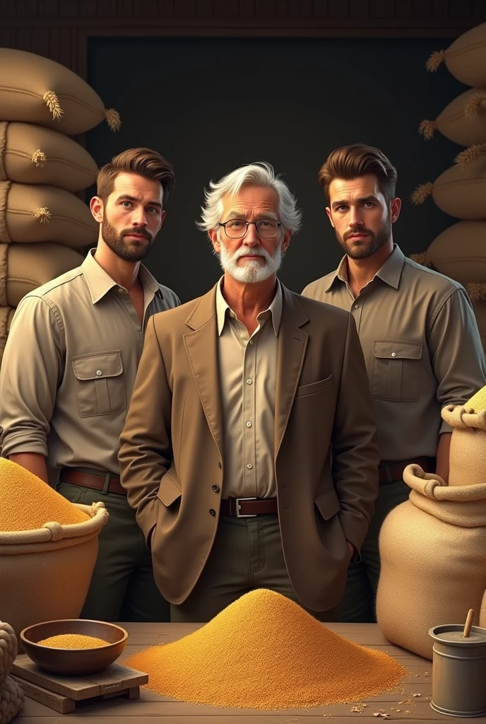  An old businessman  who trade in grain industry with their two sons as a family business grain like wheet, rice  and maize and sale to their customer