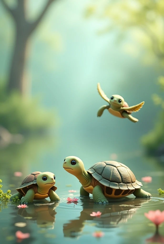 Three very cute turtles. A , a large and a sea turtle
