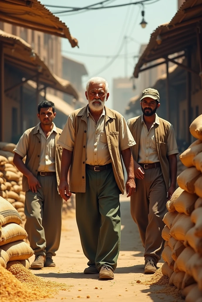  An old businessman  who trade in grain market with their two sons as a family business grain like wheet, rice  and maize and sale to their customer