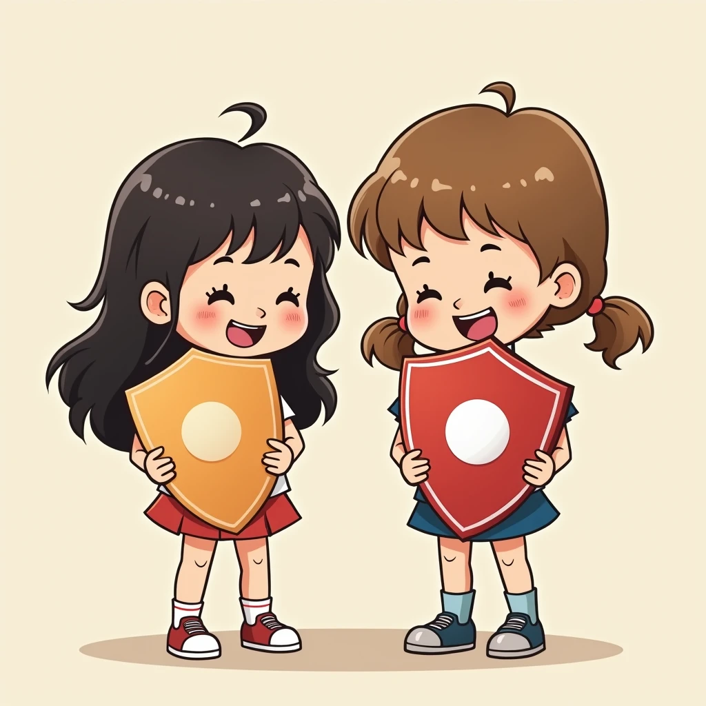 Two children holding shields,,Shield against mature sexy woman doll,Simple comic style、Bright colors,theme:Don't let soft pornographic figures harm minors