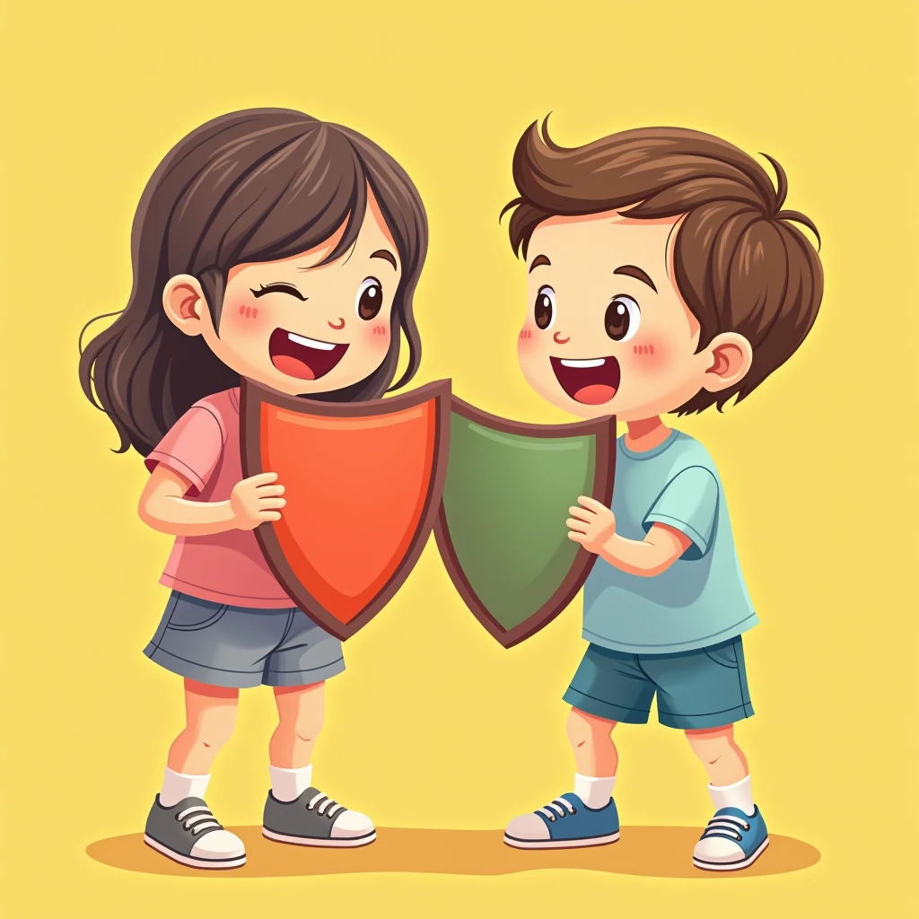 Two children holding shields，，Shield against mature sexy woman doll，Simple comic style、Bright colors，theme:Don&#39;t let soft pornographic figures harm minors