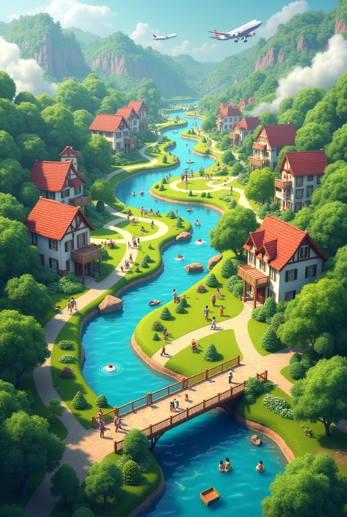 Healthy community, top view, a park, a inclined river,a bridge, and houses, plane place

