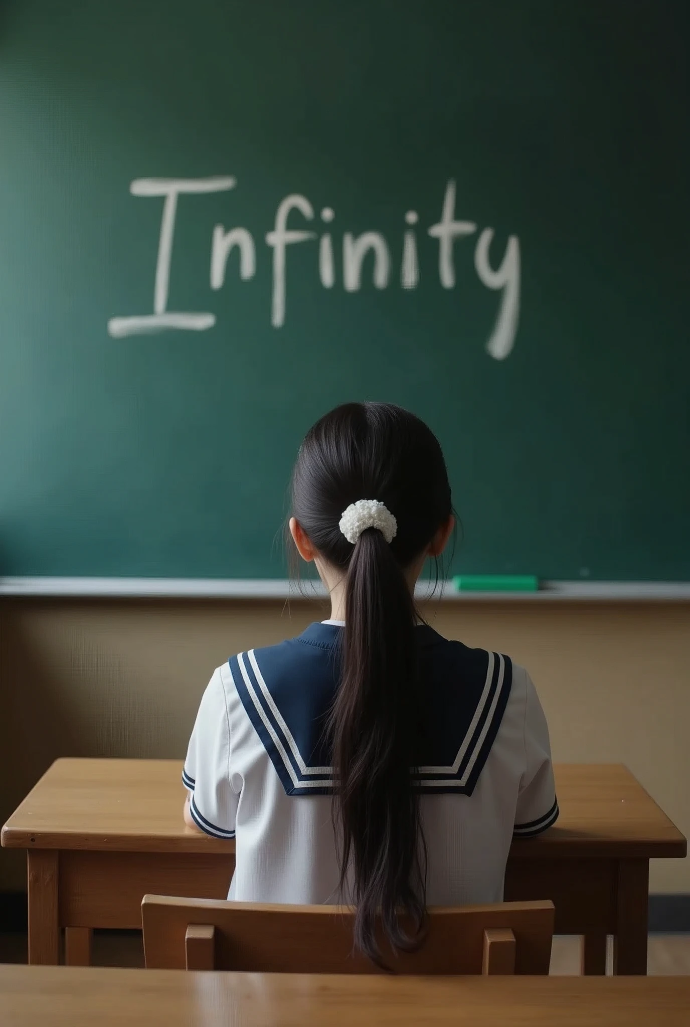 A young woman aged 18 with long hair wearing a sailor uniform sits in a classroom, (Blackboard in the background: 1.5), (The word Infinity is written in chalk on the blackboard: 1.5), (Best Quality: 1.1), (Masterpiece: 1.3), Flawless artwork, Ultra detailed, Best quality, Masterpiece 4K Wallpaper aesthetics, Masterpiece, Award-winning, Official art, Cinematic lighting