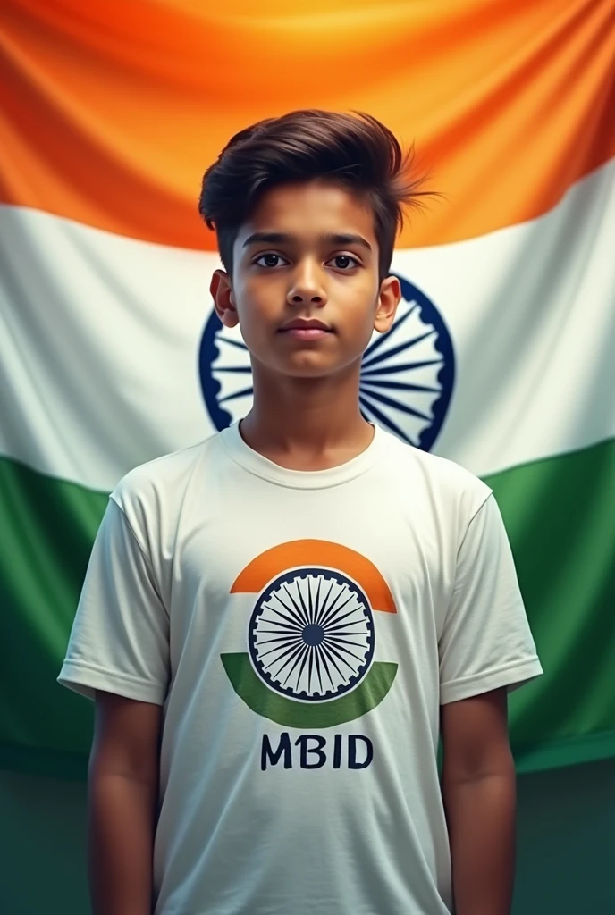 15th august pic . A boy 17
years old .which tshirt write Abid . Background Indian national flag