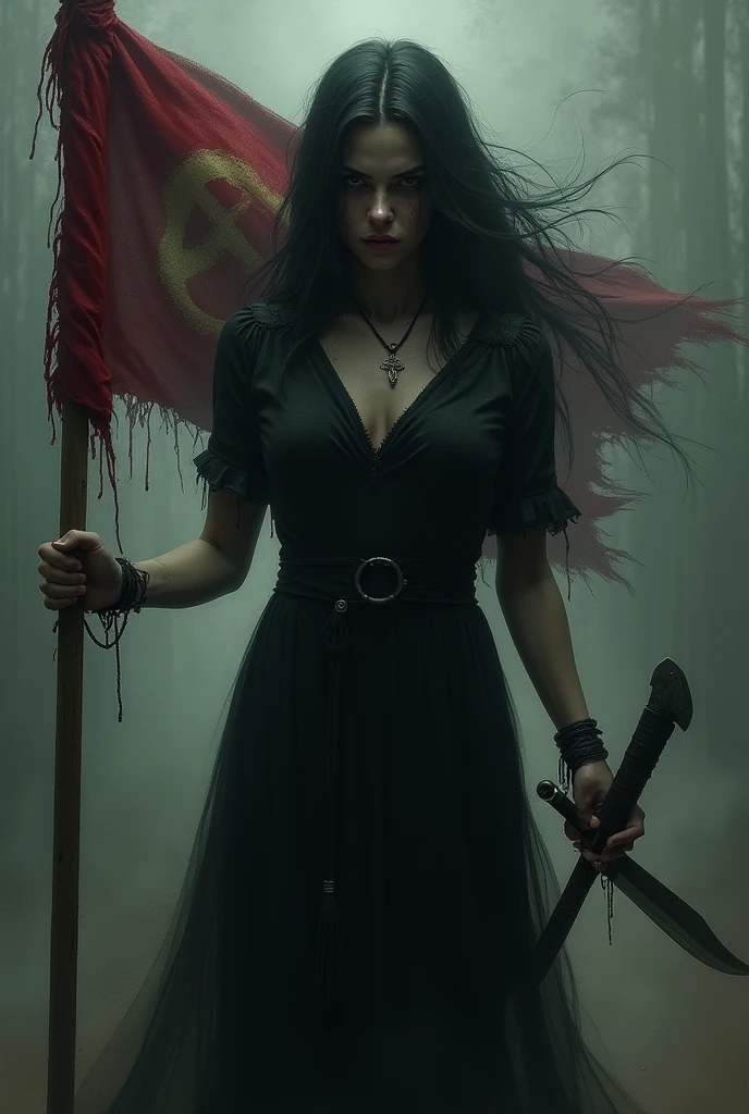 A woman wearing a black dress holding a psychopath flag with an axe and a knife