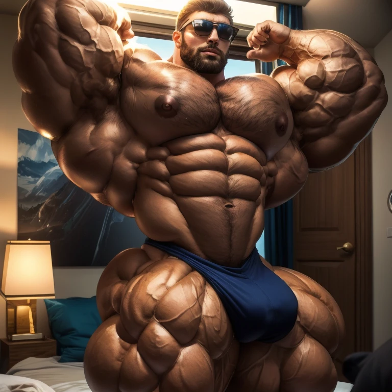 hyper growth, hyper muscles, high quality, 4k, ultra realistic, best quality, best lighting, epic lighting, natural lighting, masterpiece, 8k, a very handsome young man, bodybuilder, exaggeratedly huge, very hairy body, sunglasses, shirtless, exaggeratedly muscular body, exaggeratedly huge muscles, with exaggeratedly huge pecs, in an apartment