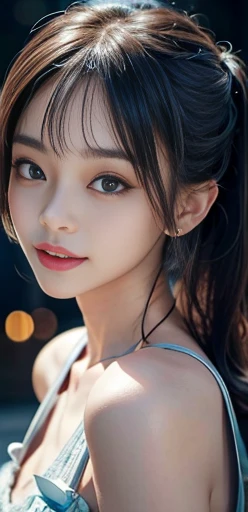 masterpiece, 1 beautiful girl, detailed, Swollen eyes, Highest quality, 超High resolution, (reality: 1.4), Original photo, One girl, Cinema Lighting, smile, Japanese, Asian Beauty, Korean, clean, so beautiful, Small young face, Beautiful Skin, thin, Cyberpunk Background, (Ultra-realistic), (High resolution), (8k), (非常にdetailed), (Best illustrations), (Beautiful and detailed eyes), (非常にdetailedな), (wallpaper), (detailedな顔), Viewers are watching, The finer details, detailedな顔, Pure Erotic Face Ace_v1, smile, 46 point diagonal bangs, Look straight ahead, Dress neatly, Dark Eyes, Sleeveless clothing, Body facing forward,