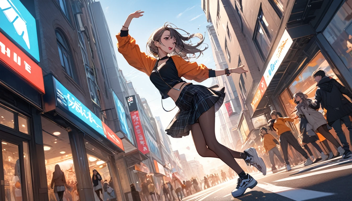 Highest quality,Girl dancing, Dynamic Angle, In the city,Street fashion