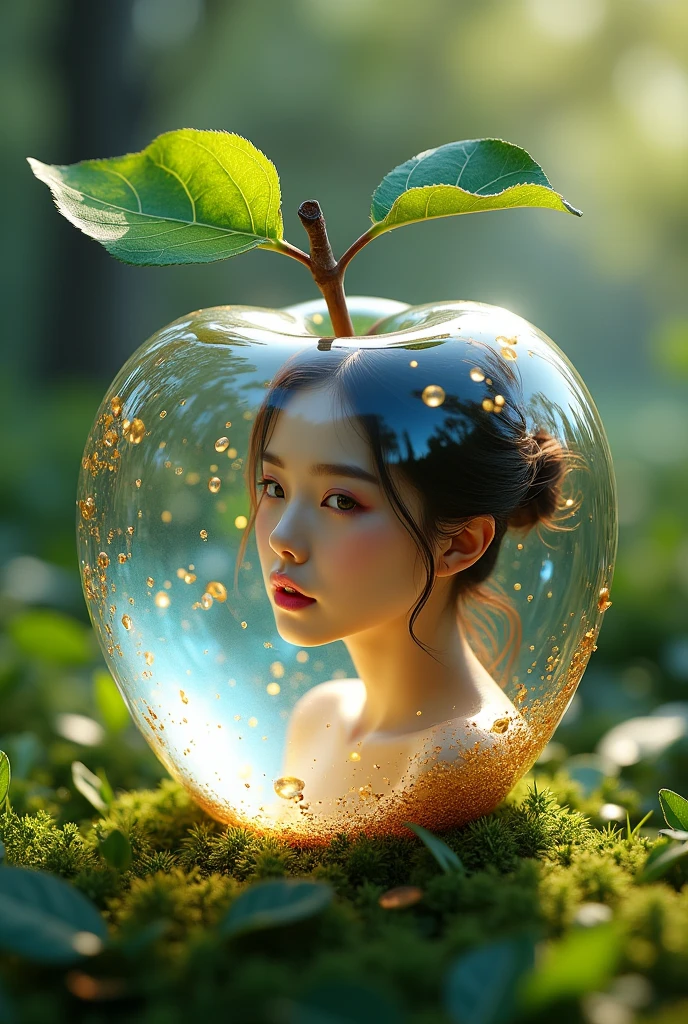 In this picture we can see an apple that has a special clear appearance and inside the apple is a beautiful Korean girl, gold and blue art, full body reflecting sunlight, living among the green debris, 3D cinematic quality, Super realistic HD ultra movie 16k clarity, realistic. In this picture there are also green leaves attached to the stem of the apple, making it look fresh and alive. The lighting in the picture creates shadows and colors that look beautiful and more realistic. This picture may convey freshness, beauty or creativity in graphic design.