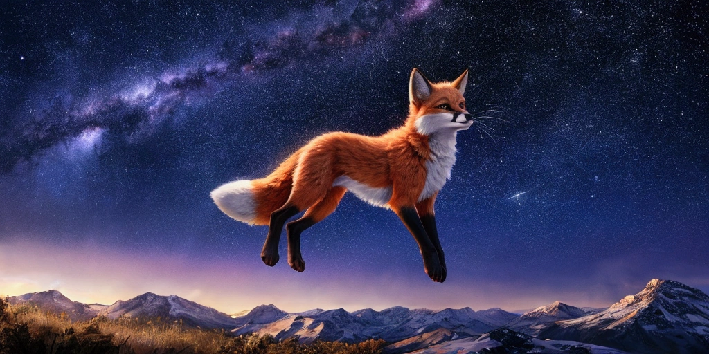 fox character with detailed character galaxy fur, levitating character, clear starry night background, 8k , hyper realistic