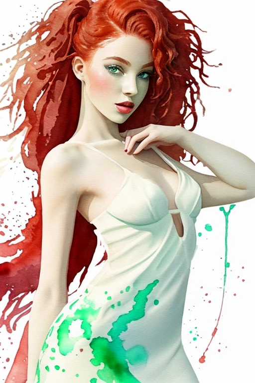 Black woman with red hair and light green eyes., wear elegant party clothes, with scattered outlines and white background, complex parts, restrained, watercolor, splash