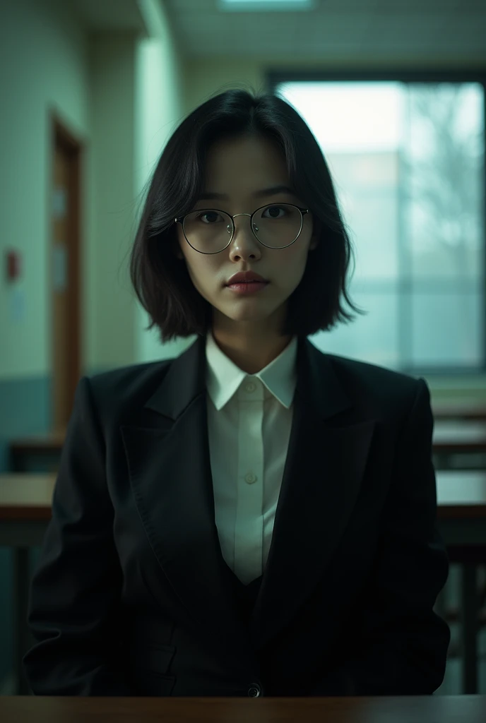 (photorealistic) realistic image of a (Asian woman), (slim build), (short hair), (white skin), (dark eyes), wearing a (black suit), sitting in police station with a (serious face), (wearing glasses), capturing a (Kodak color film look), featuring a (grainy texture), surrounded by a picturesque (police station) under dramatic light, atmospheric, vivid colors, natural lighting, emotionally charged ambiance,no make up