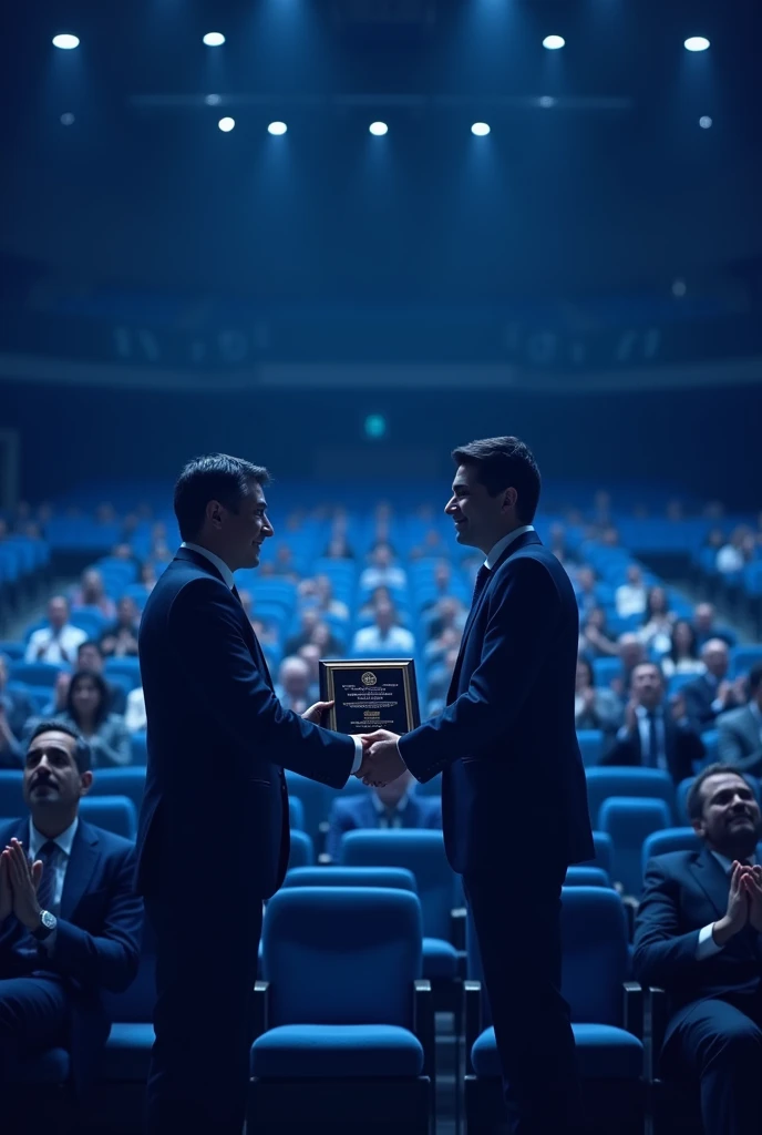 An image of a formal ceremony in a hall or auditorium that symbolizes the Culture of Recognition in public and private institutions. That shows how the work of collaborators is decorated and appreciated for years of service,  outstanding merits and professional achievements. Let the image show the presentation of a recognition and the applause of colleagues in the auditorium. That image is fine but change the one who gives the recognition, put the two of them in a thermos. It&#39;s better but change the trophy for a commemorative plaque and make the people have Latin features and make the auditorium look more spacious and applauding and make the image in general have blue tones in the seats  
