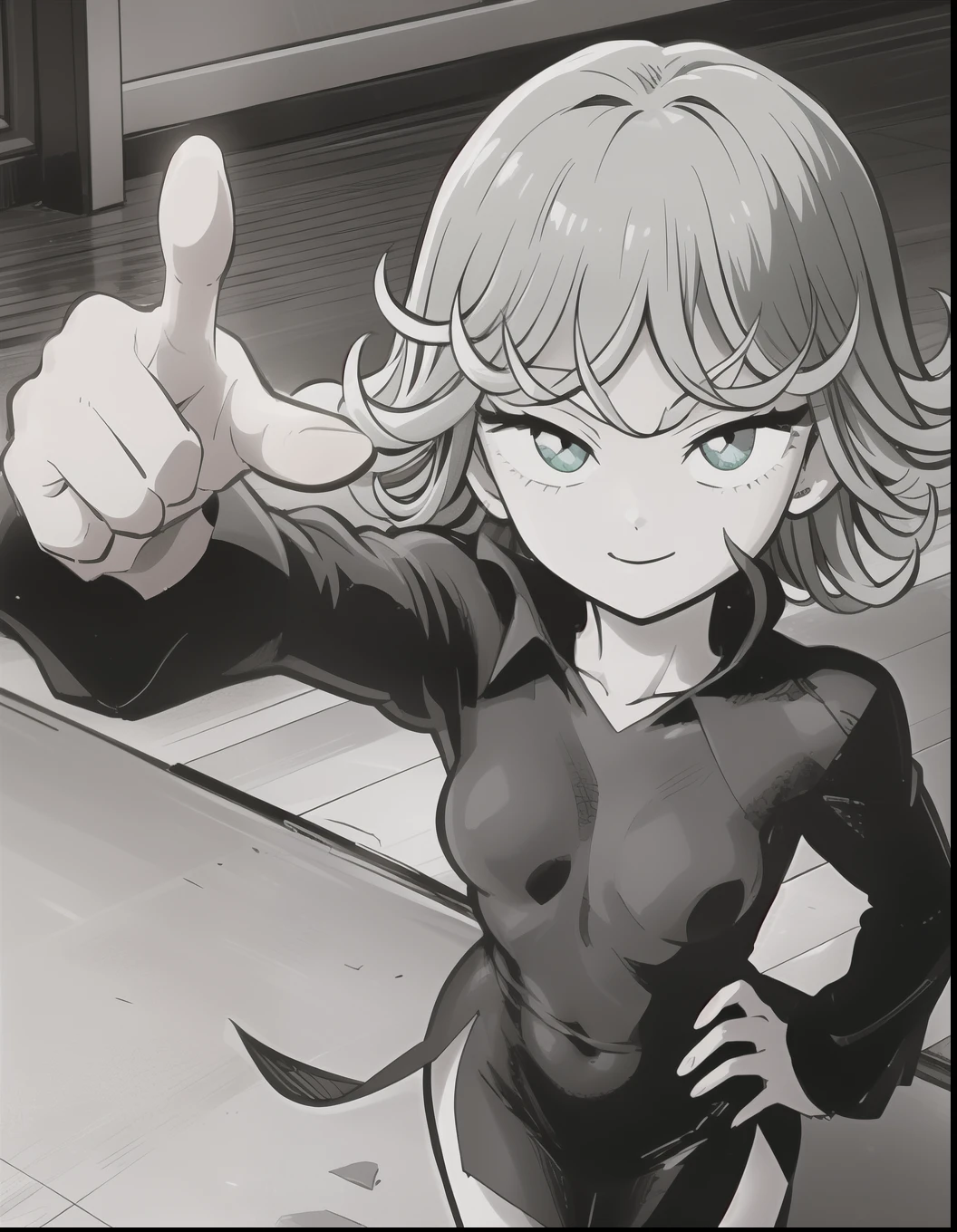 High resolution, Very detailed, Tatsumaki Tornado, Short green hair, Curly Hair, Black Dress, Long sleeve, indoor,moonlight, From above、(Focus on the face)、Place one hand on hip、get closer、Looking into the camera、Smile、Pointing at the camera