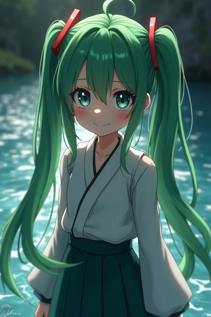 1 Girl, Solitary, Hair accessories, Green Hair, Double tail, Long hair, skirt, water,, Medium shot portrait (Faruzan) From genshin impact,, Dark fantasy background, A charming smile., Produced by Greg Rutkowski and Walt Disney,Ultra-realistic、Rich in details、Photorealism、Analog style、Focus clearly on the eyes, Movie Lighting,, , ,Ultra HD, HDR, 8K