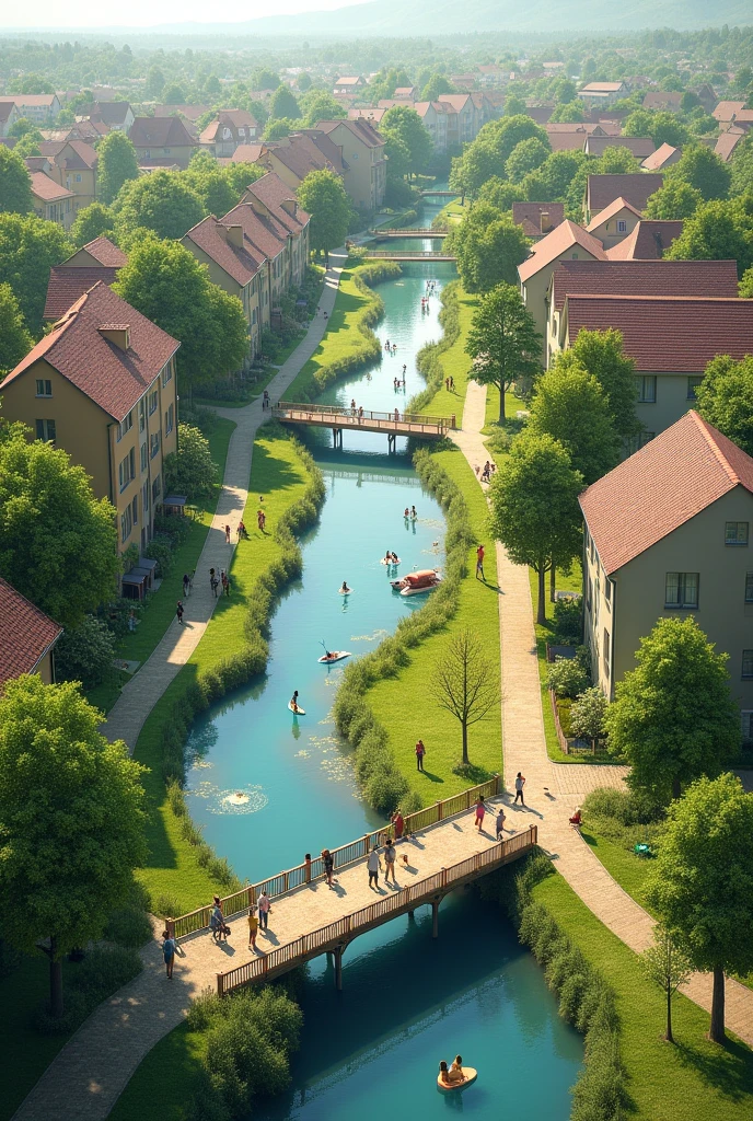 Healthy community, top view, a park, a inclined river,a bridge, and houses, plane place, 3 point perspective