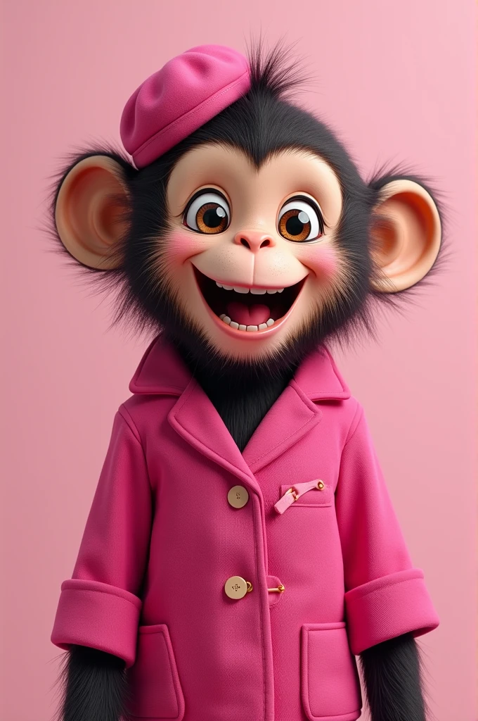 A monkey wear a pink cloths and at lip hi makeup and he was so smileing