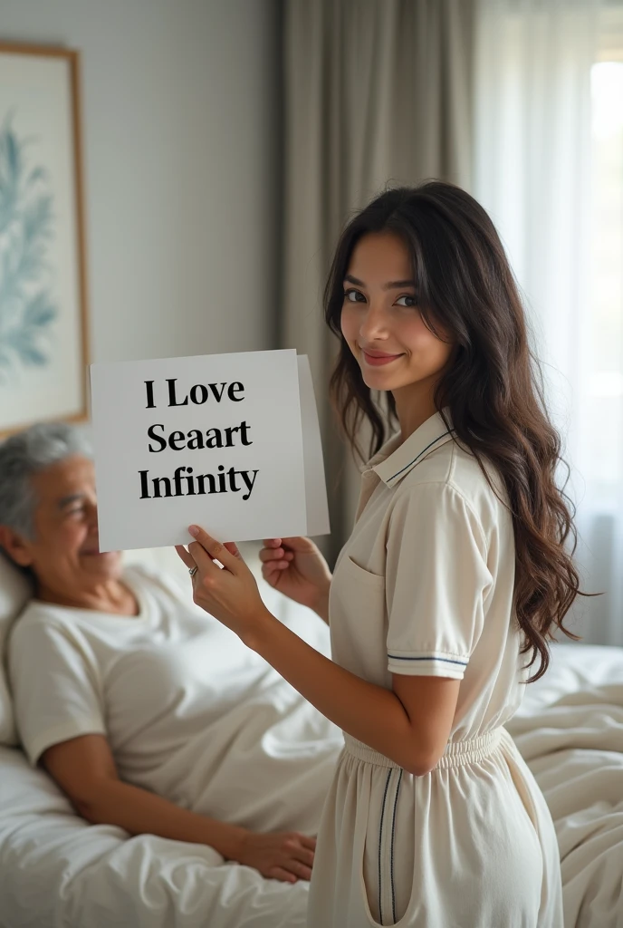 Beautiful girl with wavy long hair, bohemian dress, holding a white board with text "I Love Seaart Infinity" and showing it to the viewer"A scene showing a 20-year-old woman caring for a 60-year-old woman lying on a bed. The younger woman is standing beside the bed, bending deeply at the waist with her hips prominently out, engaging in a conversation with the older woman. The 20-year-old has an appearance resembling an Asian idol, with a cute and fresh look, and is dressed in a polo shirt and tracksuit pants. The image captures the moment from behind the young woman, but her face is turned towards the viewer, maintaining a gentle and attentive expression."