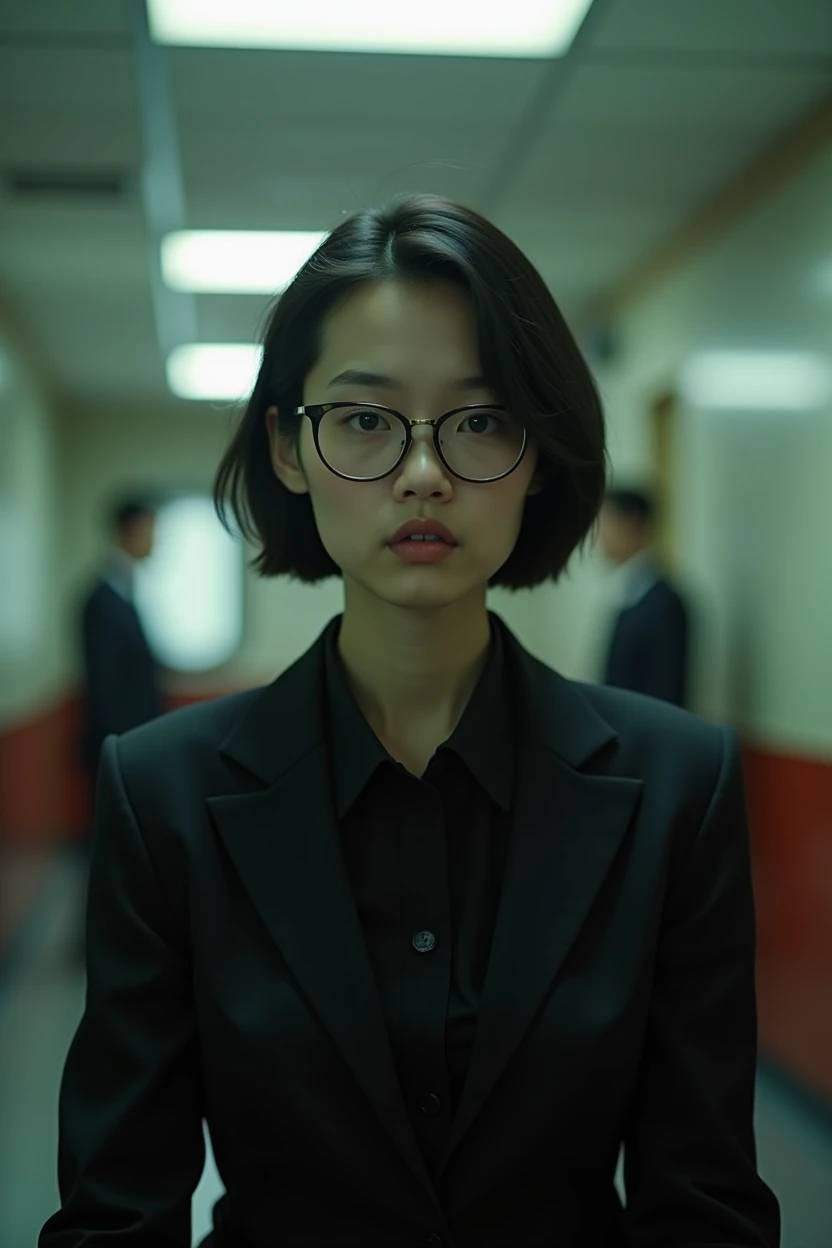 (photorealistic) realistic image of a (Asian woman), (slim build), (short hair), (white skin), (dark eyes), wearing a (black suit), sitting in police station with a (serious face), (wearing glasses), capturing a (Kodak color film look), featuring a (grainy texture), surrounded by a picturesque (police station) under dramatic light, atmospheric, vivid colors, natural lighting, emotionally charged ambiance,no make up