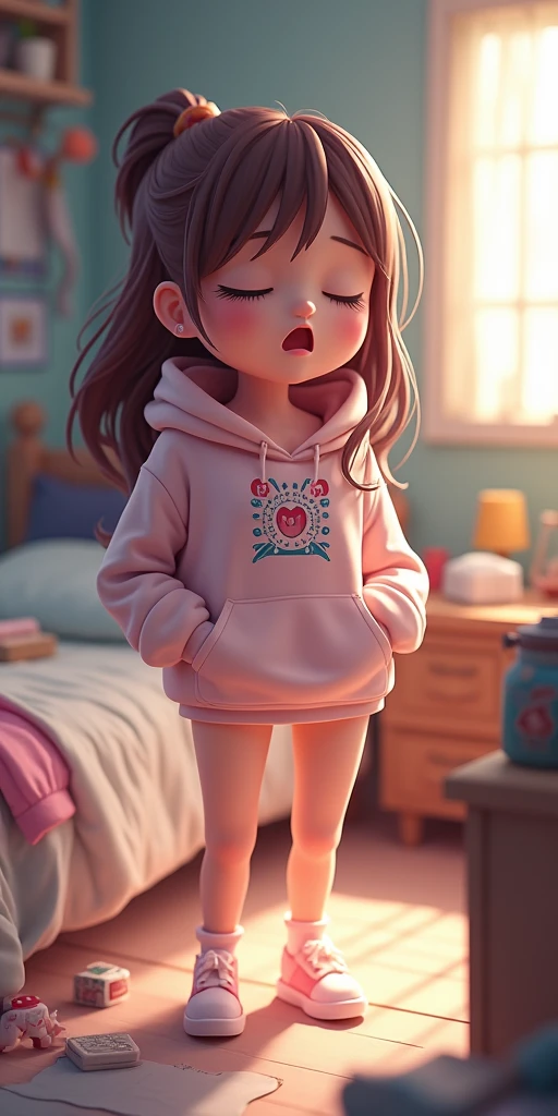 isometric, 3d render, jrpg style character, cute woman, big breasts, nice body, cropped printed hoodie, cute panties, yawning, sleepy, messy bedroom