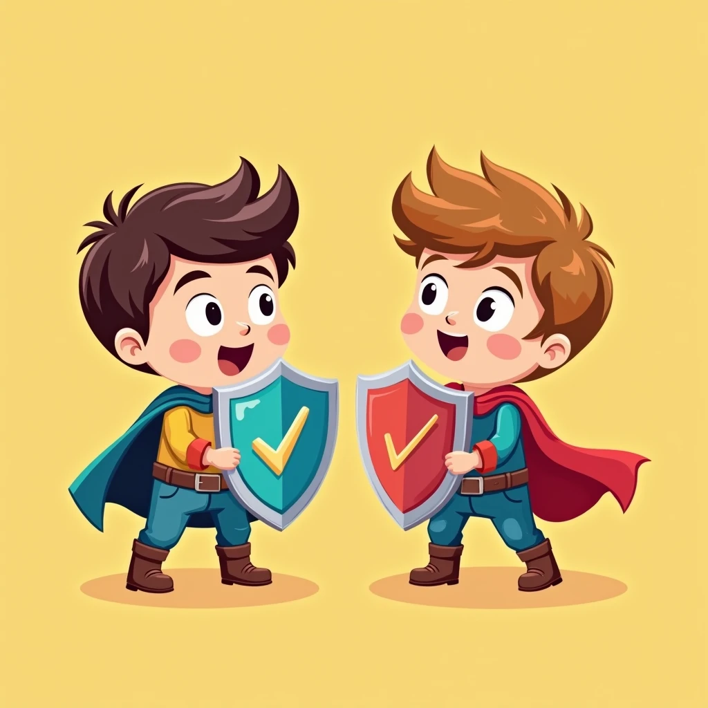 Two children little boys holding shields,Shield against mature sexy woman doll,Simple comic style、Bright colors,