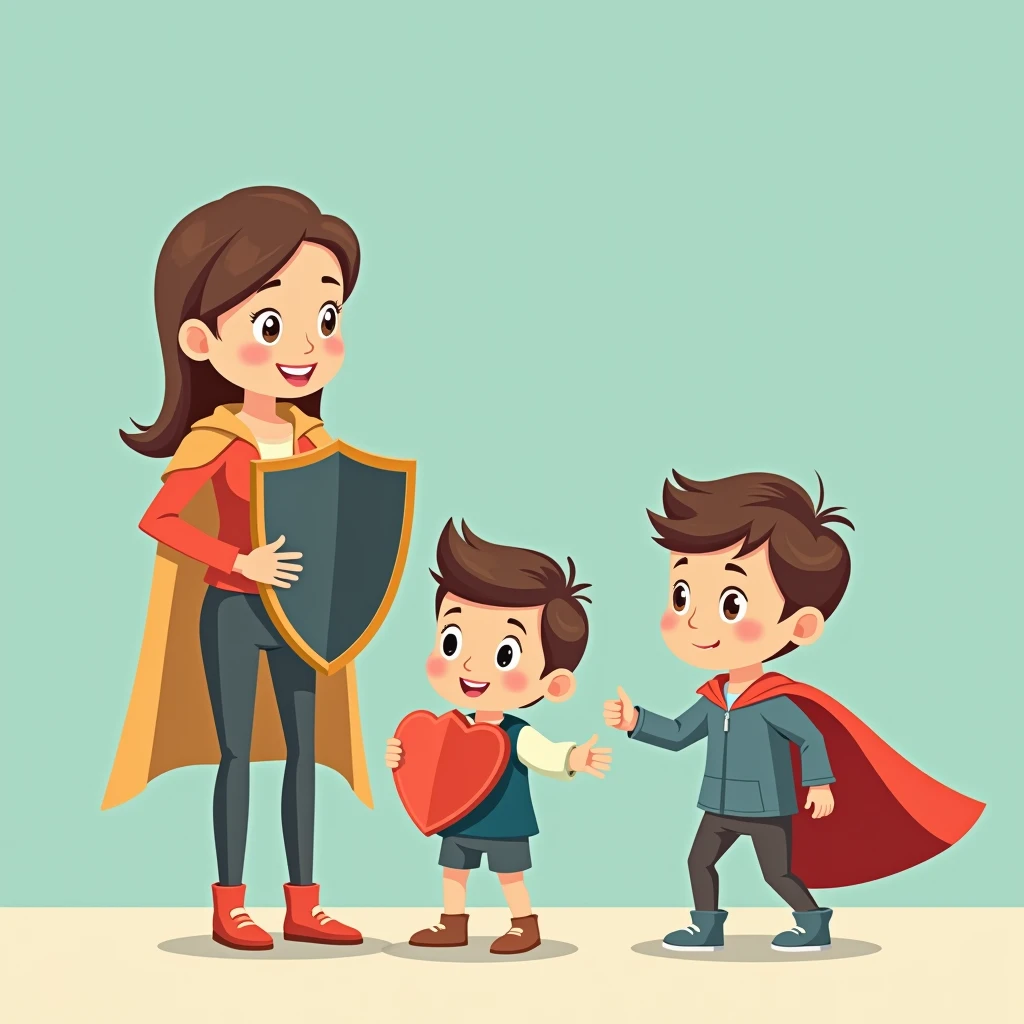 Two children little boys holding shields,Shield against mature sexy woman doll,Simple comic style、Bright colors,