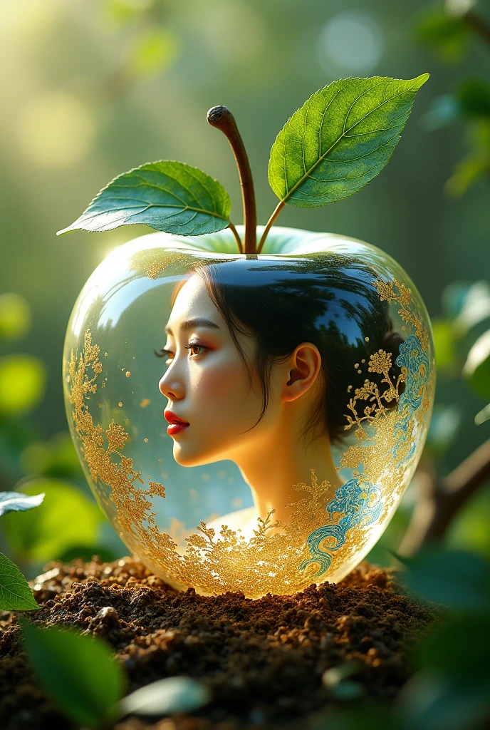 In this picture we can see an apple that has a special clear appearance and inside the apple is a beautiful Korean girl, gold and blue art, full body reflecting sunlight, living among the green debris, 3D cinematic quality, Super realistic HD ultra movie 16k clarity, realistic. In this picture there are also green leaves attached to the stem of the apple, making it look fresh and alive. The lighting in the picture creates shadows and colors that look beautiful and more realistic. This picture may convey freshness, beauty or creativity in graphic design.