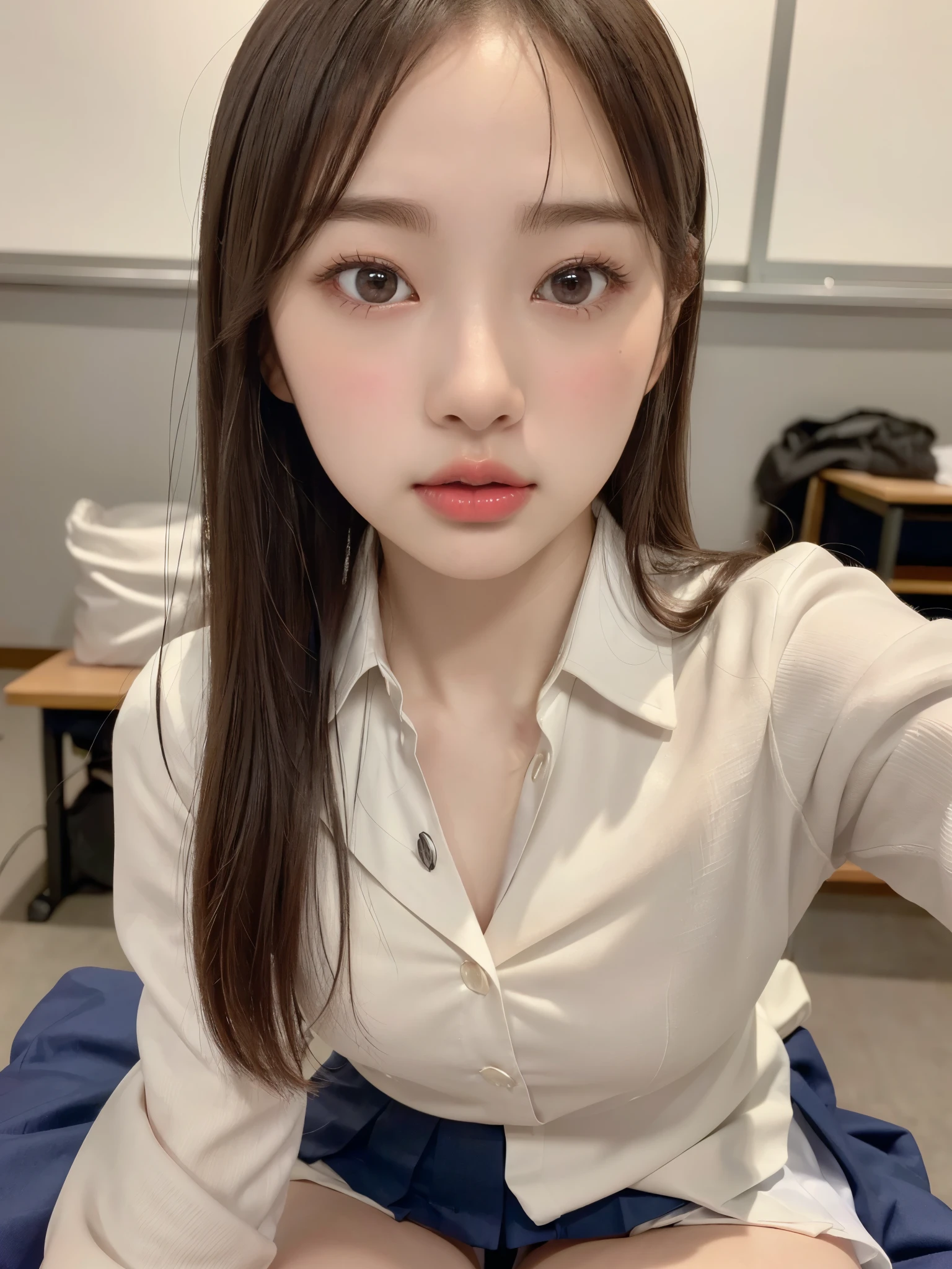 (UHigh resolution, retina, masterpiece, Accurate, Anatomically correct, Textured skin, Super Detail, Attention to detail, high quality, 最high quality, High resolution, 1080P, High resolution, 4K, 8k, 16K), (美しいAttention to detail目, Beautiful lip detail, Highly detailed eyes and face), Soft lighting, Physically Based Rendering, Vibrant colors, Korean Actress, (A cute girl wearing a school uniform, sitting on a desk in a classroom,Schoolgirl uniform), (Glowing Skin, blush), (Wide angle), Eye Reflexes, (Staring at the audience),(Thighs,whole body,艶やかなThighs)