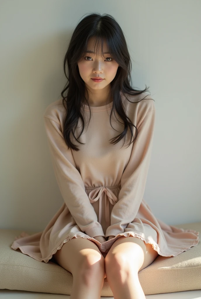 Japanese girl in a fluttery miniskirt Sitting on the head with legs apart