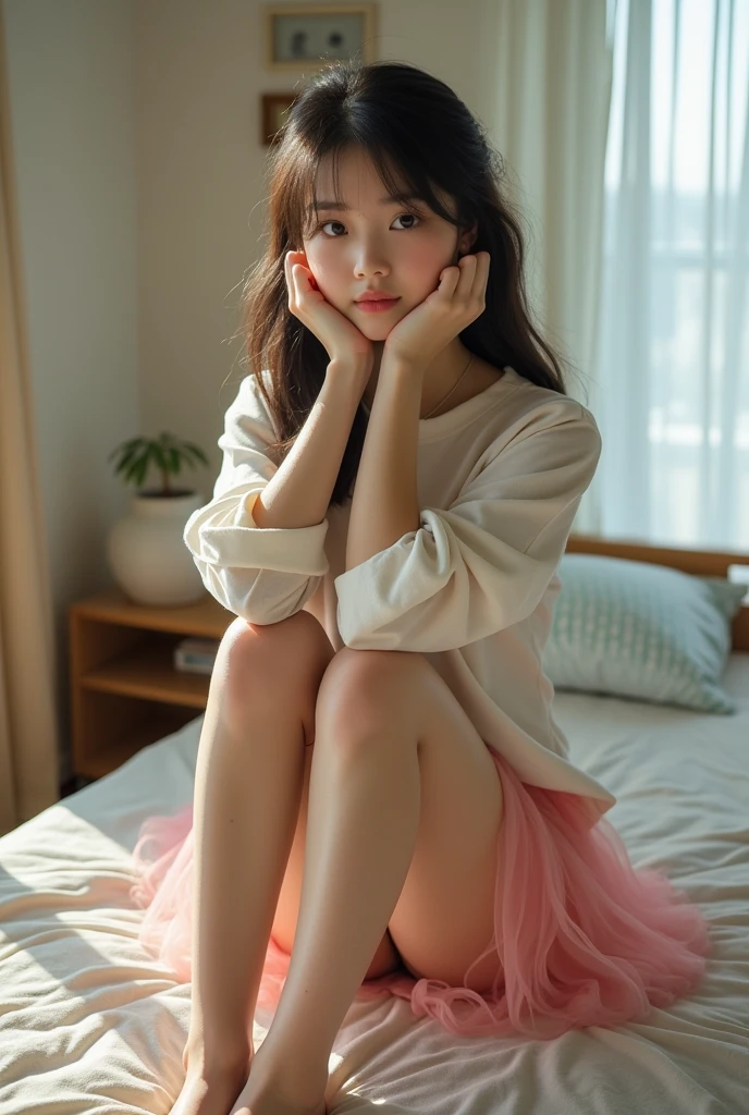 Japanese girl in a fluttery miniskirt　Sitting on the head with legs apart