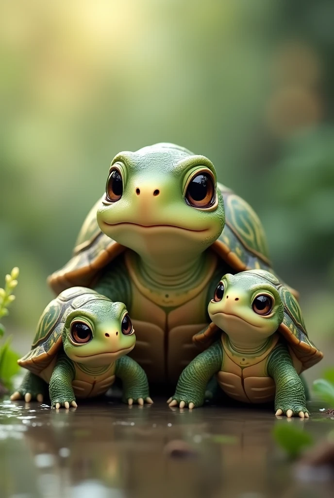 Three very cute turtles. A , a big one