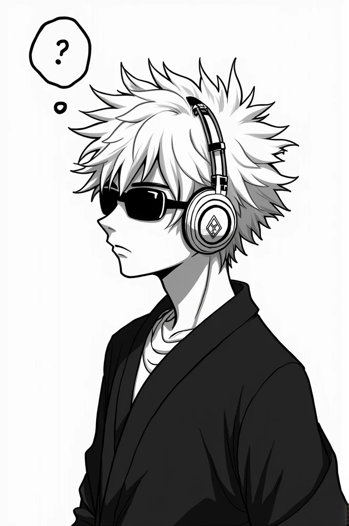 jujutsu kaisen, gojo satoru wearing sunglasses and headphones. with a thinking bubble above his head. black and white background.