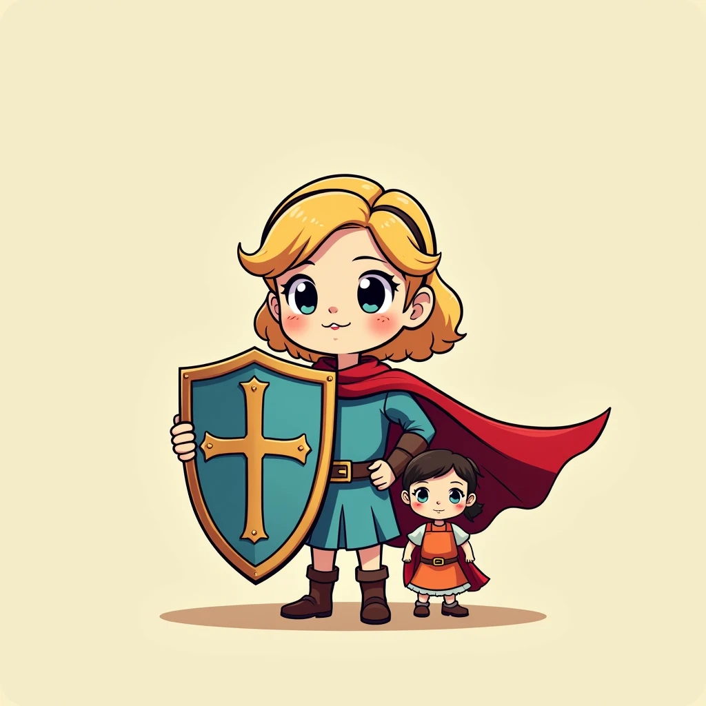 Holding a shield in one hand，Behind the shield are two children，In front of the shield is a charming little woman doll，Simple comic style、Bright colors